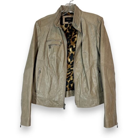 Laundry by Shelli Segal Genuine Leather Moto Jacket Leopard Lining Taupe Medium - Picture 1 of 11